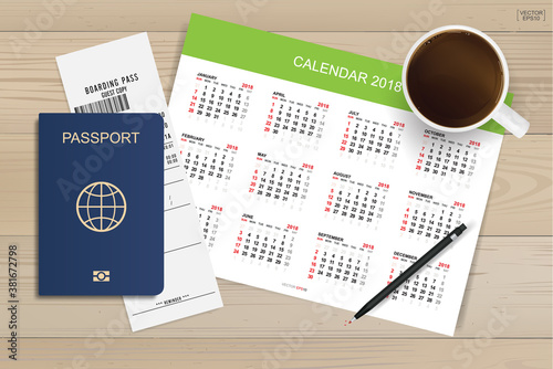 Abstract calendar background with passport and coffee cup on wood. Background for tourism and traveling idea. Vector.