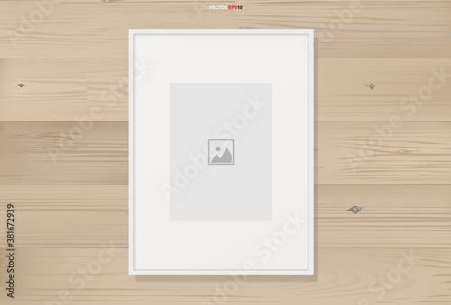 Photo frame or picture frame on wooden texture background with white area for copy space. Vector.