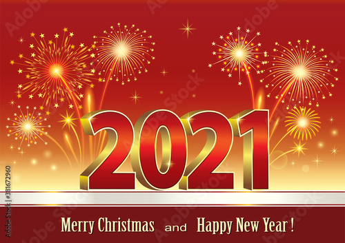 Happy New Year 2021. Holiday banner, new year card with fireworks, 3d vector Illustration