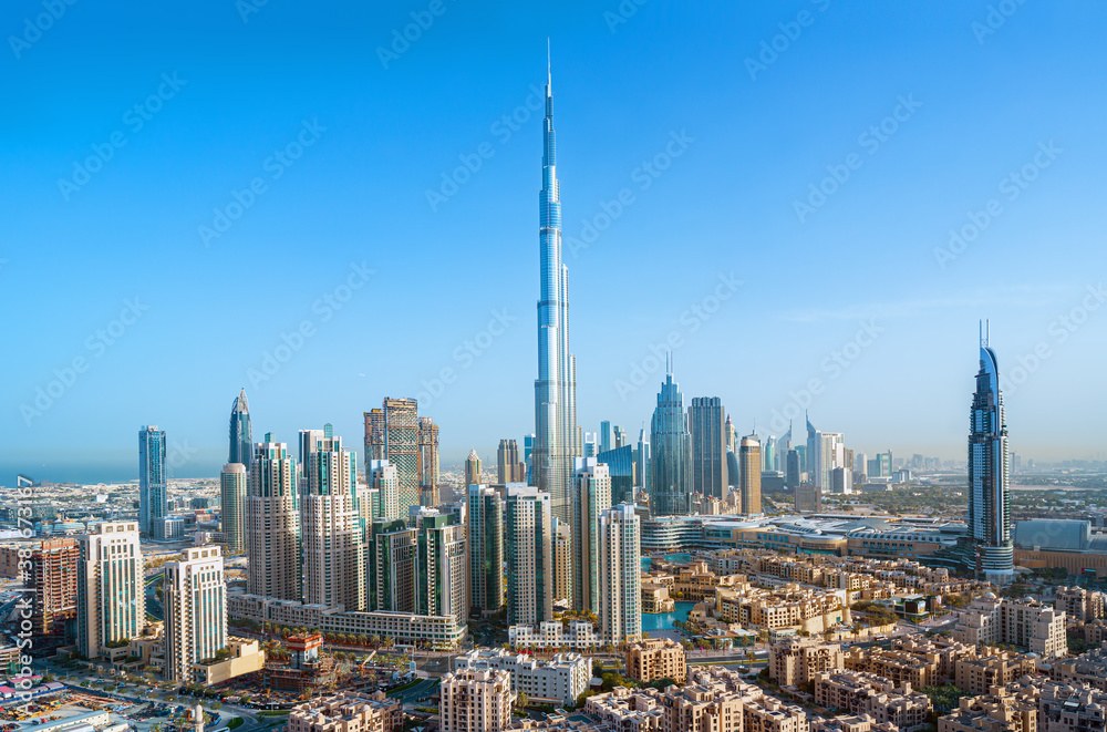 Dubai downtown, amazing city center skyline with luxury skyscrapers, United Arab Emirates