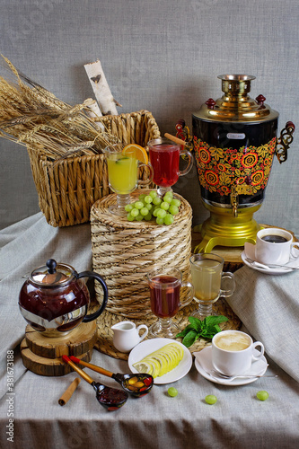 Still life of tea, coffee and other drinks in Russian style