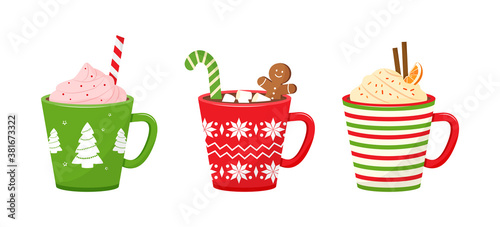 Christmas vector cups with drinks. Holiday mugs with hot chocolate, cocoa or coffee, and cream. Candy cane, cinnamon sticks, marshmallows. Winter illustration