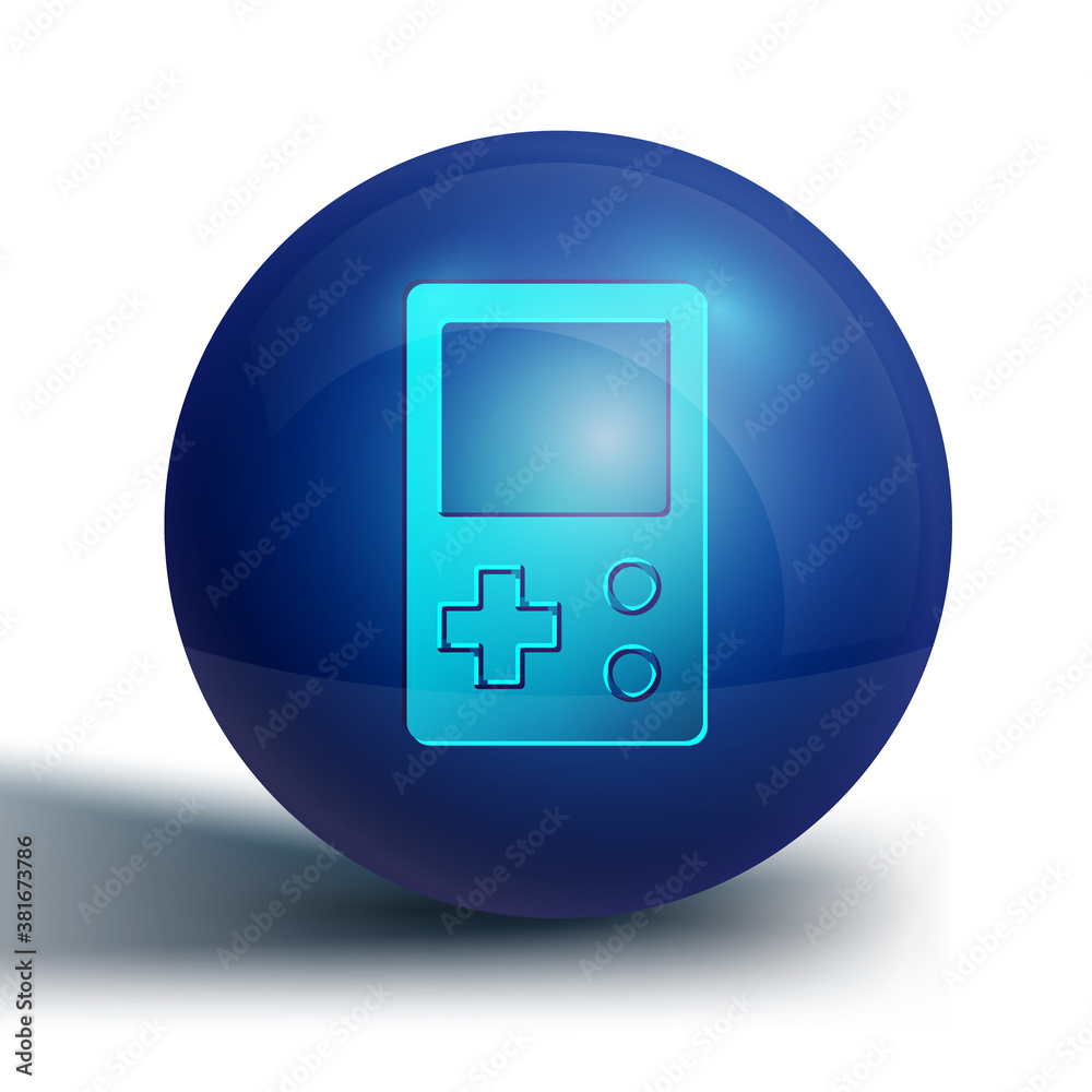 Blue Portable tetris electronic game icon isolated on white background. Vintage style pocket brick game. Interactive playing device. Blue circle button. Vector. Blue Portable tetris electronic game icon isolated on white background. Vintage style pocket brick game. Interactive playing device. Blue circle button. Vector.
