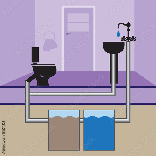 Water filtration pipeline as a concept of water saving, sewage reuse, eco water pipe, flat vector stock illustration with toilet bowl and sink in home