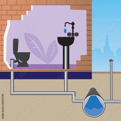 Pipeline with sewerage and wastewater in the house as a water saving concept, flat vector stock illustration with toilet bowl, sink