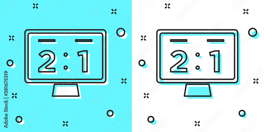 Black line Sport mechanical scoreboard and result display icon isolated on green and white background. Random dynamic shapes. Vector. Black line Sport mechanical scoreboard and result display icon isolated on green and white background. Random dynamic shapes. Vector.