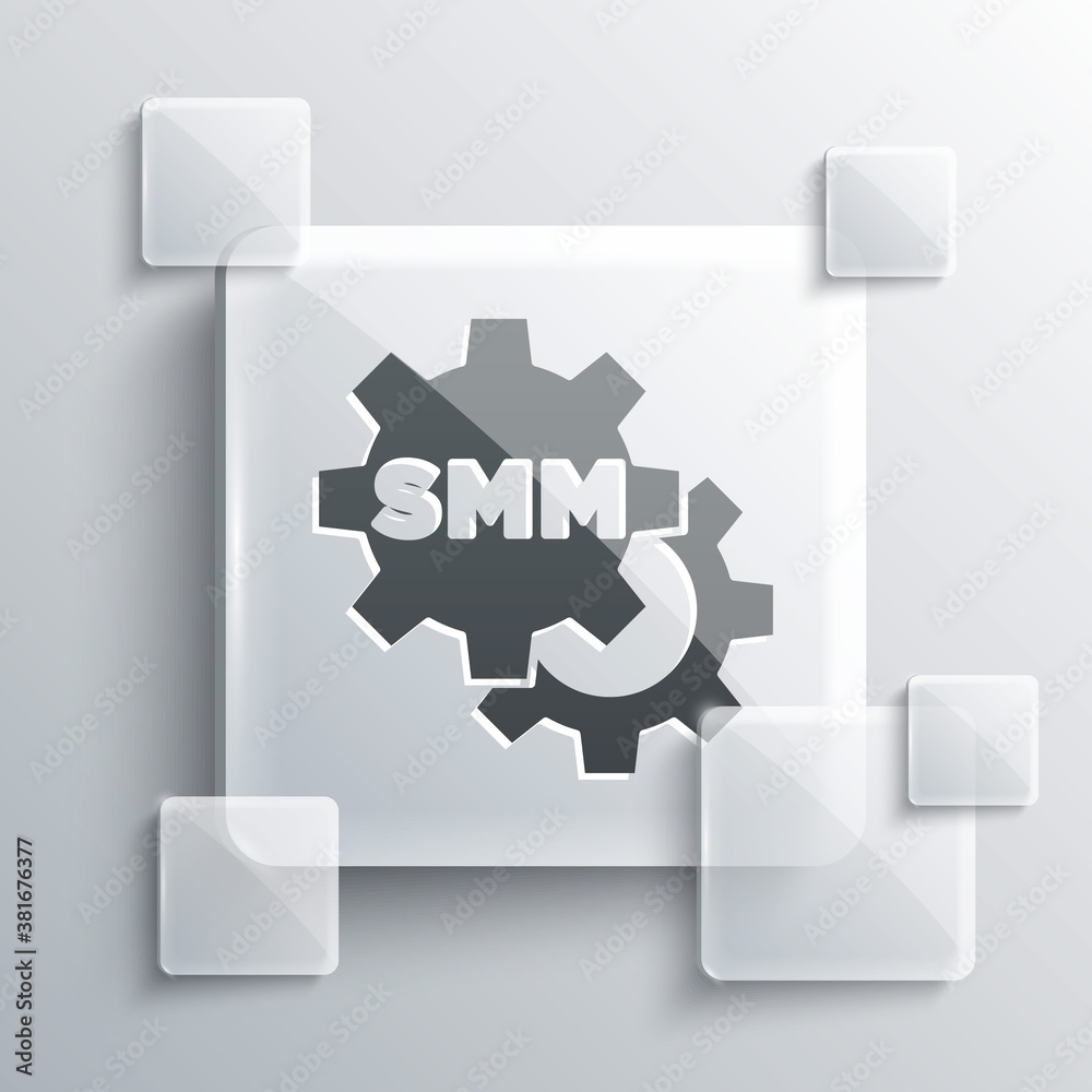 Grey SMM icon isolated on grey background. Social media marketing, analysis, advertising strategy development. Square glass panels. Vector. Grey SMM icon isolated on grey background. Social media marketing, analysis, advertising strategy development. Square glass panels. Vector.