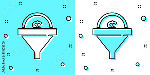 Black line Lead management icon isolated on green and white background. Funnel with money. Target client business concept. Random dynamic shapes. Vector.