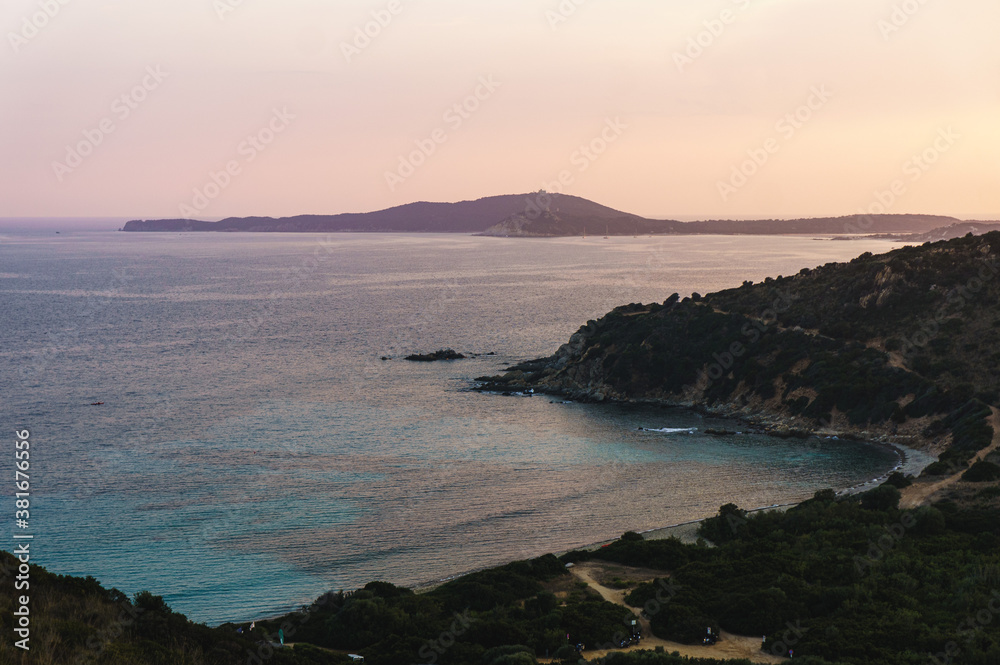 Panoramic landscape sunset view at rocky ocean coastline, Capo Testa, Sardinia, Italy
