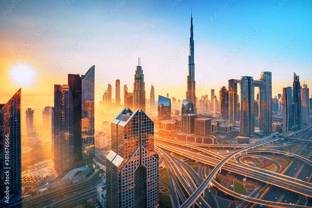 Dubai downtown, amazing city center skyline with luxury skyscrapers, United Arab Emirates