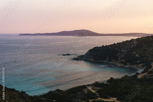 Panoramic landscape sunset view at rocky ocean coastline, Capo Testa, Sardinia, Italy