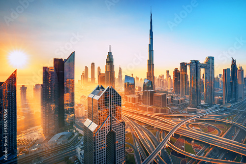Fotobehang Dubai downtown, amazing city center skyline with luxury skyscrapers, United Arab