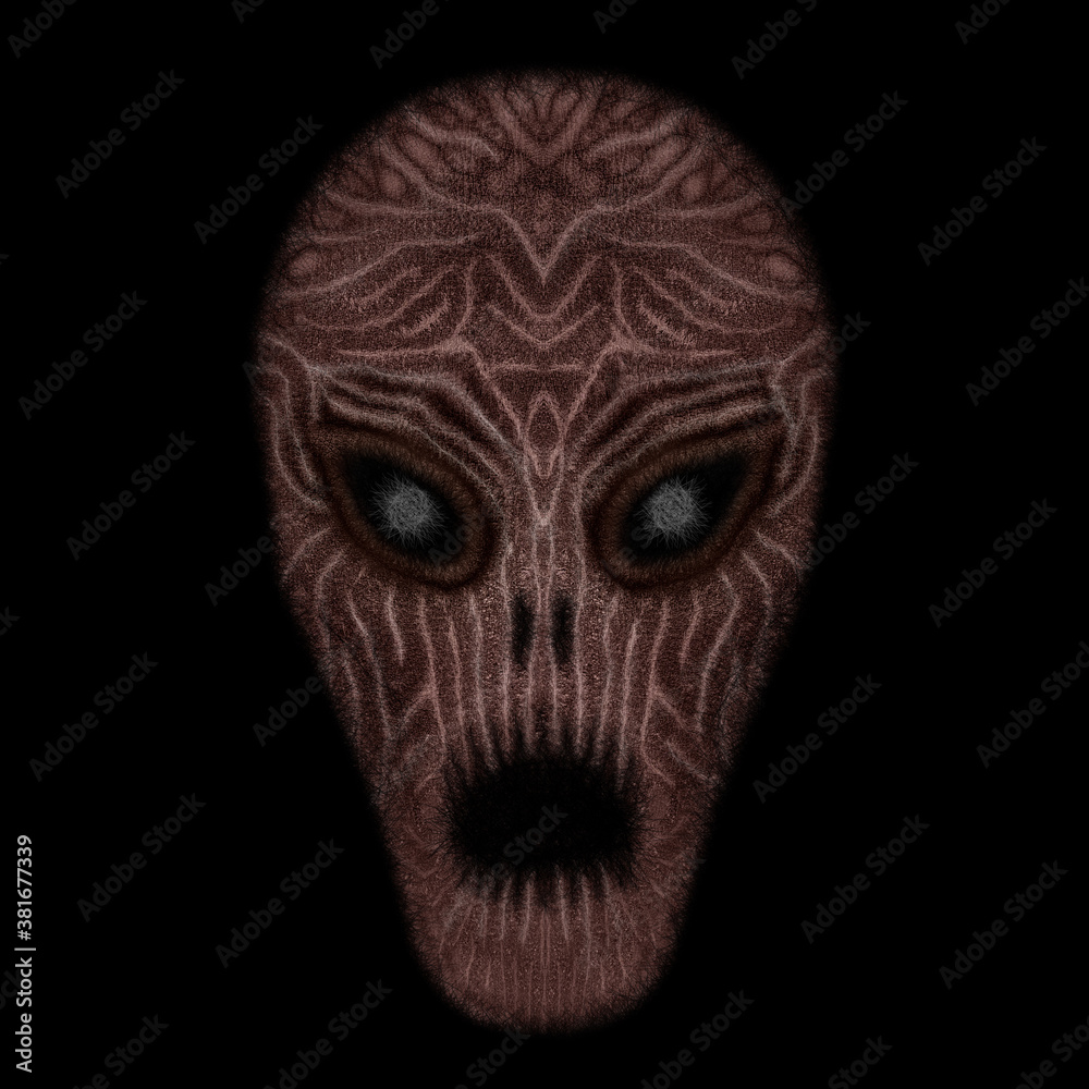 Red patterned alien head or skull  with open mouth on a black background, digital painting, concept for suspense and horror.