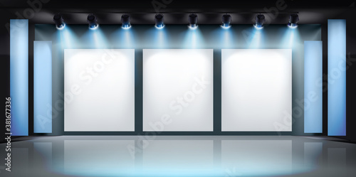 Show in art gallery. Free space for product display or advertising. Large projection screens on the stage. Vector illustration.