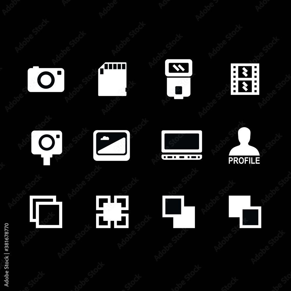 Equipment photography icon set. Vector icons set on black background. Equipment photography icon set. Vector icons set on black background.