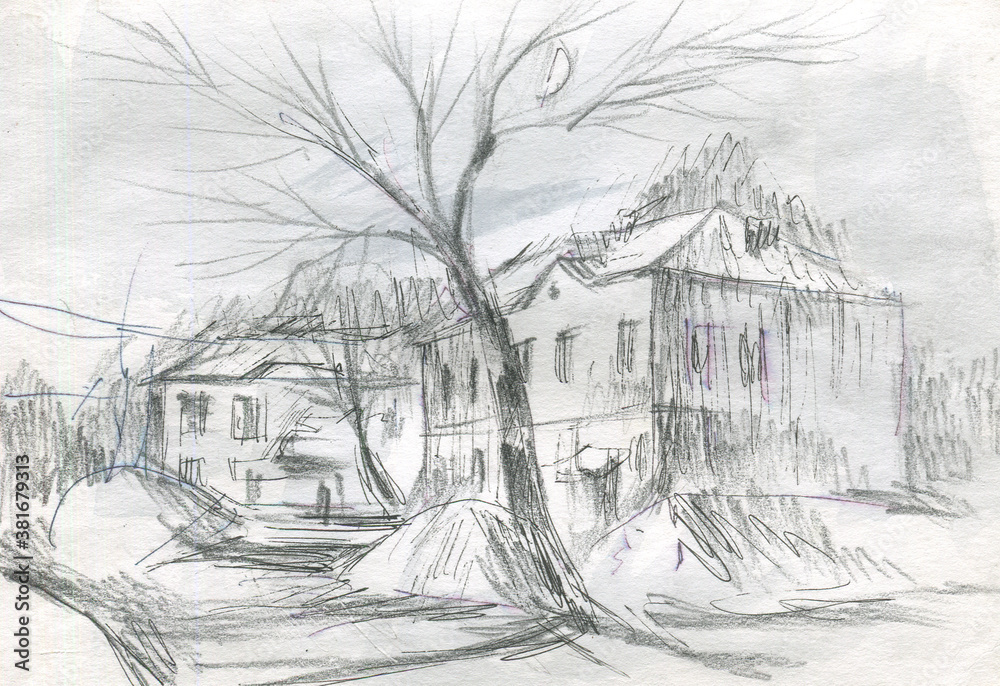 houses in the outskirts of the area in winter graphic sketch