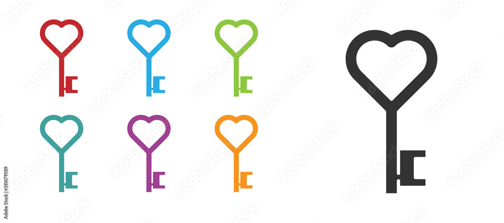 Black Key in heart shape icon isolated on white background. Valentines day symbol. Set icons colorful. Vector.