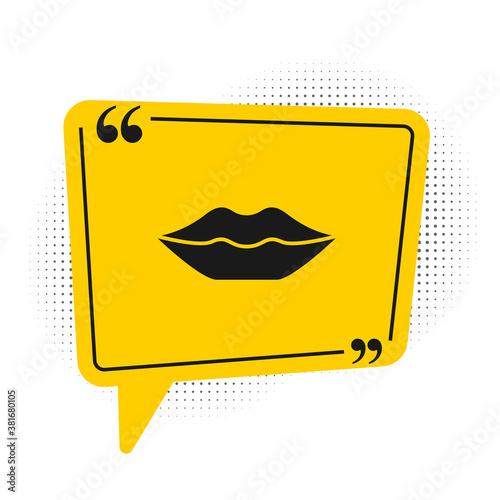Black Smiling lips icon isolated on white background. Smile symbol. Yellow speech bubble symbol. Vector.