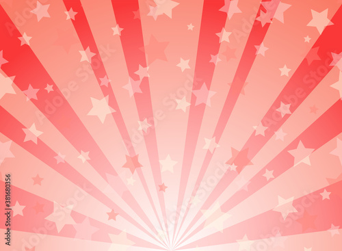 Sunlight rays background. Red color burst background with shining stars.