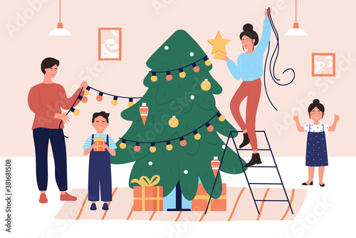 Decorate Christmas tree vector illustration. Cartoon flat mother, father and children characters decorating Xmas tree and home room apartment with festive star balls and garland decoration background