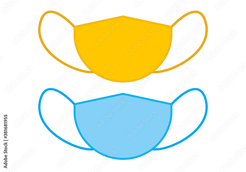 Mascarillas de color amarillo y azul en fondo blanco. Mascarillas de color amarillo y azul en fondo blanco.
