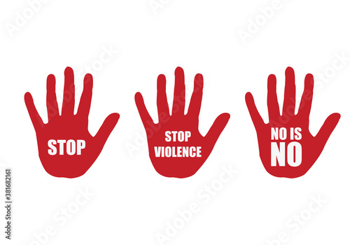 Manos rojas en contra de la violencia en fondo blanco.