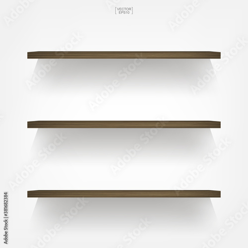 Empty wooden shelf on white background with soft shadow. Vector.