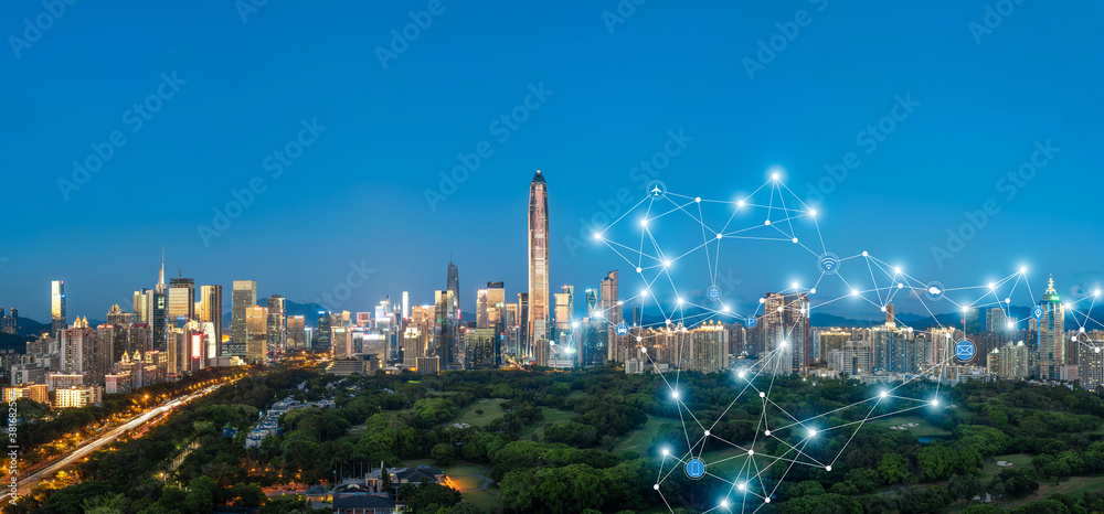 Shenzhen city skyline and 5g network concept