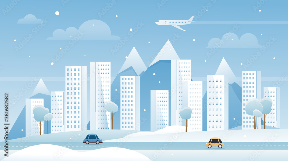 Winter city vector illustration. Cartoon flat modern urban town metropolis landscape, snowy panorama cityscape with skyscraper buildings, cars on street road wintertime scene, travel poster background