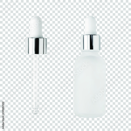 Glass serum bottle and pipette for cosmetic products design mockup isolated on white background realistic vector illustration