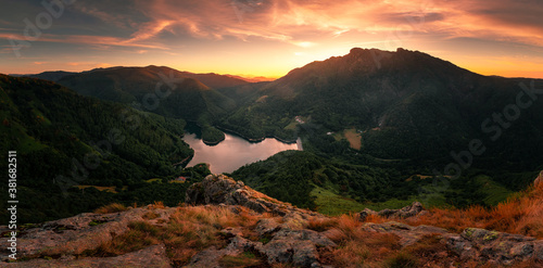 Look at Endara dam and the Aiako Harriak three peaks at the natural park; on the Basque Country.