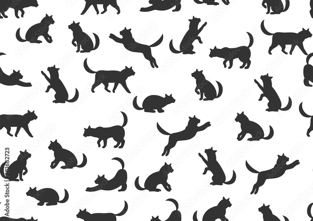 Seamless pattern with stylized cats in various poses.