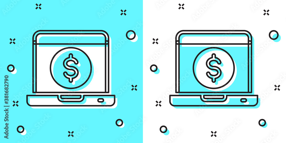 Black line Laptop with dollar icon isolated on green and white background. Sending money around the world, money transfer, online banking, financial transaction. Random dynamic shapes. Vector. Black line Laptop with dollar icon isolated on green and white background. Sending money around the world, money transfer, online banking, financial transaction. Random dynamic shapes. Vector.