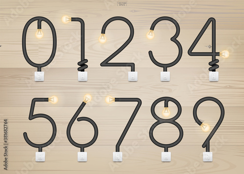 Set of loft alphabet and numbers. Abstract alphabet of light bulb and light switch on wood background. Vector.