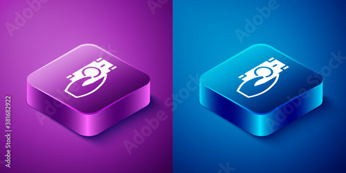 Isometric Fast payments icon isolated on blue and purple background. Fast money transfer payment. Financial services, fast loan, time is money, cash back concept. Square button. Vector.