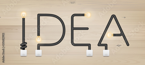 IDEA - Abstract alphabet of light bulb and light switch on wood texture background. Vector.