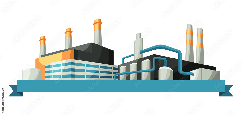 Illustration with factories or industrial buildings.