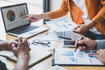 Business team meeting to conference, collaboration discussing working analyzing with financial data and marketing business strategy project, presentation and brainstorming to making profit of company
