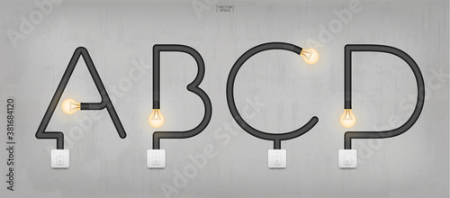 A, B, C, D - Set of loft alphabet letters. Abstract alphabet of light bulb and light switch on concrete wall background. Vector.