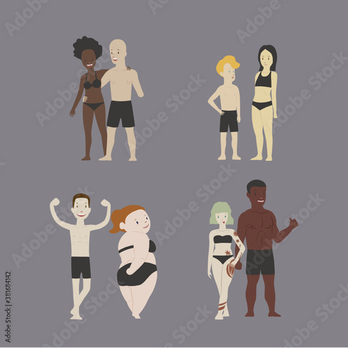 Body shaming concept about the acceptance of difference in physical appearance of people. Cartoon vector illustration set isolated on grey background.
