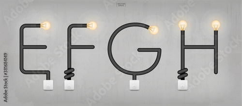 E,F,G,H - Set of loft alphabet letters. Abstract alphabet of light bulb and light switch on concrete wall background. Vector.