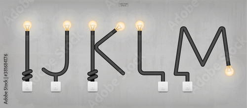 I,J,K,L,M - Set of loft alphabet letters. Abstract alphabet of light bulb and light switch on concrete wall background. Vector.