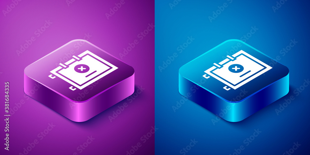 Isometric Safe icon isolated on blue and purple background. The door safe a bank vault with a combination lock. Reliable Data Protection. Square button. Vector. Isometric Safe icon isolated on blue and purple background. The door safe a bank vault with a combination lock. Reliable Data Protection. Square button. Vector.