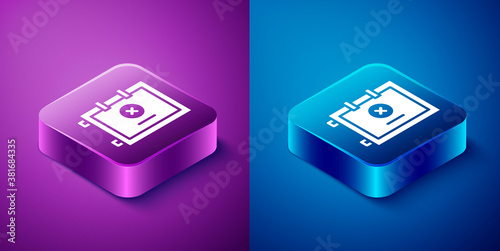 Isometric Safe icon isolated on blue and purple background. The door safe a bank vault with a combination lock. Reliable Data Protection. Square button. Vector.