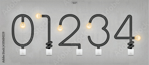 Loft alphabet and numbers. Abstract alphabet sign and symbol of light bulb and light switch on gray background. Vector.