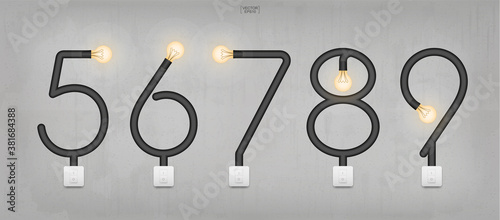 Loft alphabet and numbers. Abstract alphabet sign and symbol of light bulb and light switch on gray background. Vector.