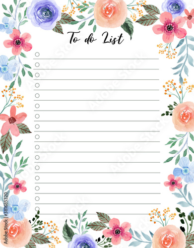  Sweet Pink and Soft Purple Blossom Floral Watercolor To Do List Template