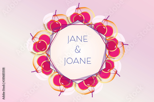 cherry illustration in pink for invitations, weddings, labels and tags, vector