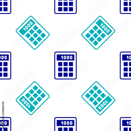 Blue Calculator icon isolated seamless pattern on white background. Accounting symbol. Business calculations mathematics education and finance. Vector.