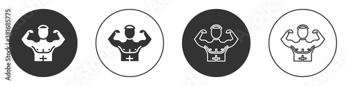 Black Bodybuilder showing his muscles icon isolated on white background. Fit fitness strength health hobby concept. Circle button. Vector.